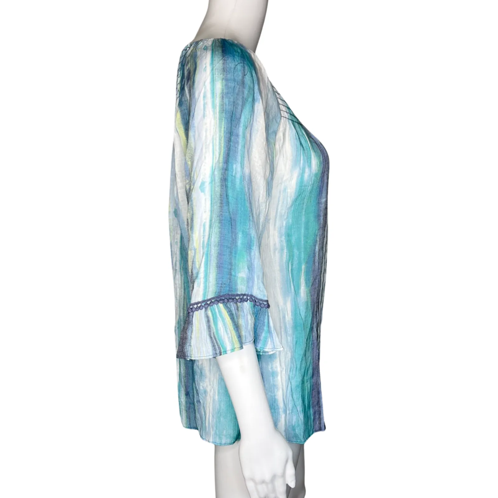 New Directions Shirt Womens Small Blue White Stripe Gauzy‎ Boho Bohemian Peasant - Image 3