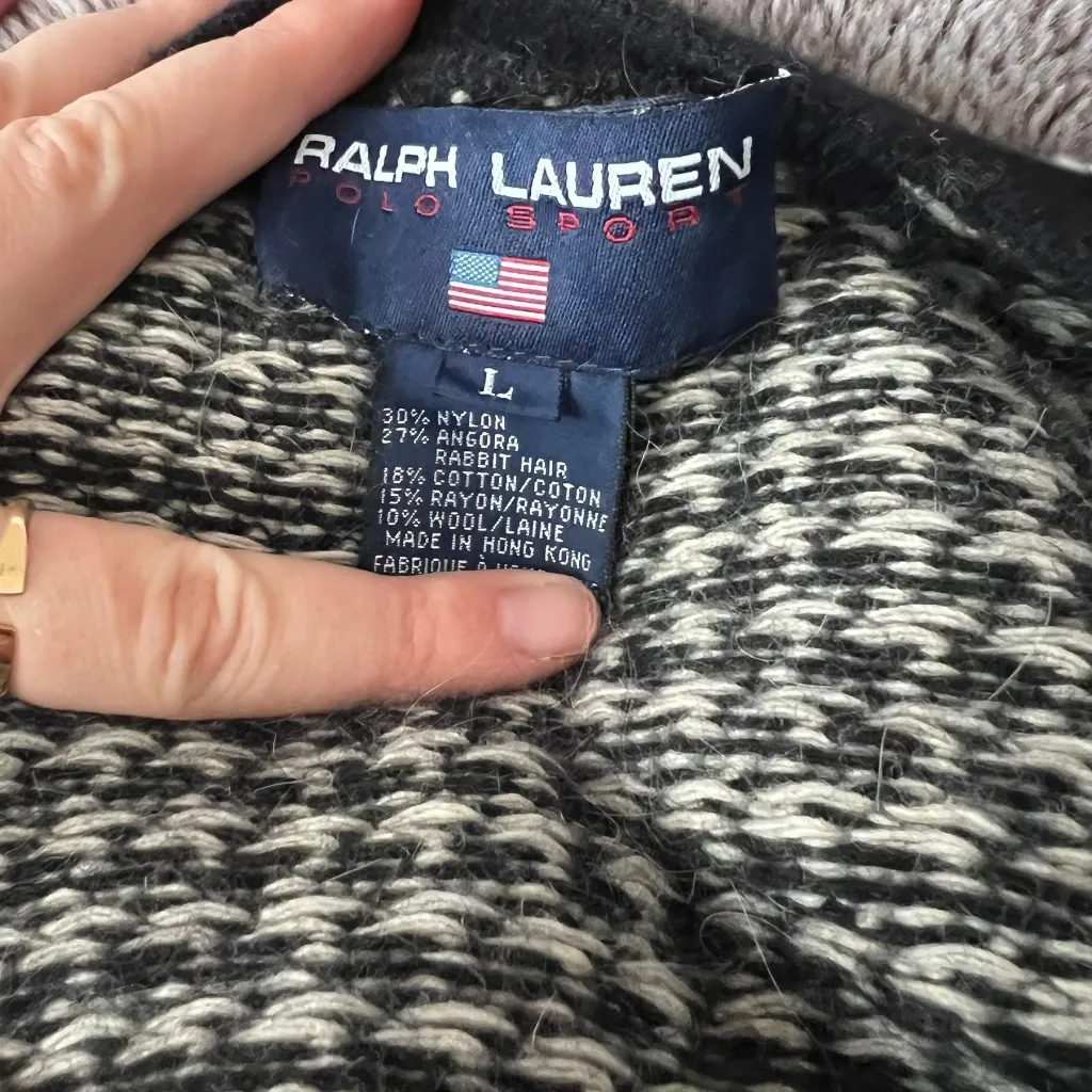 Vintage Ralph Lauren Sport Houndstooth Black & White Angora Blend Cardigan - Image 2