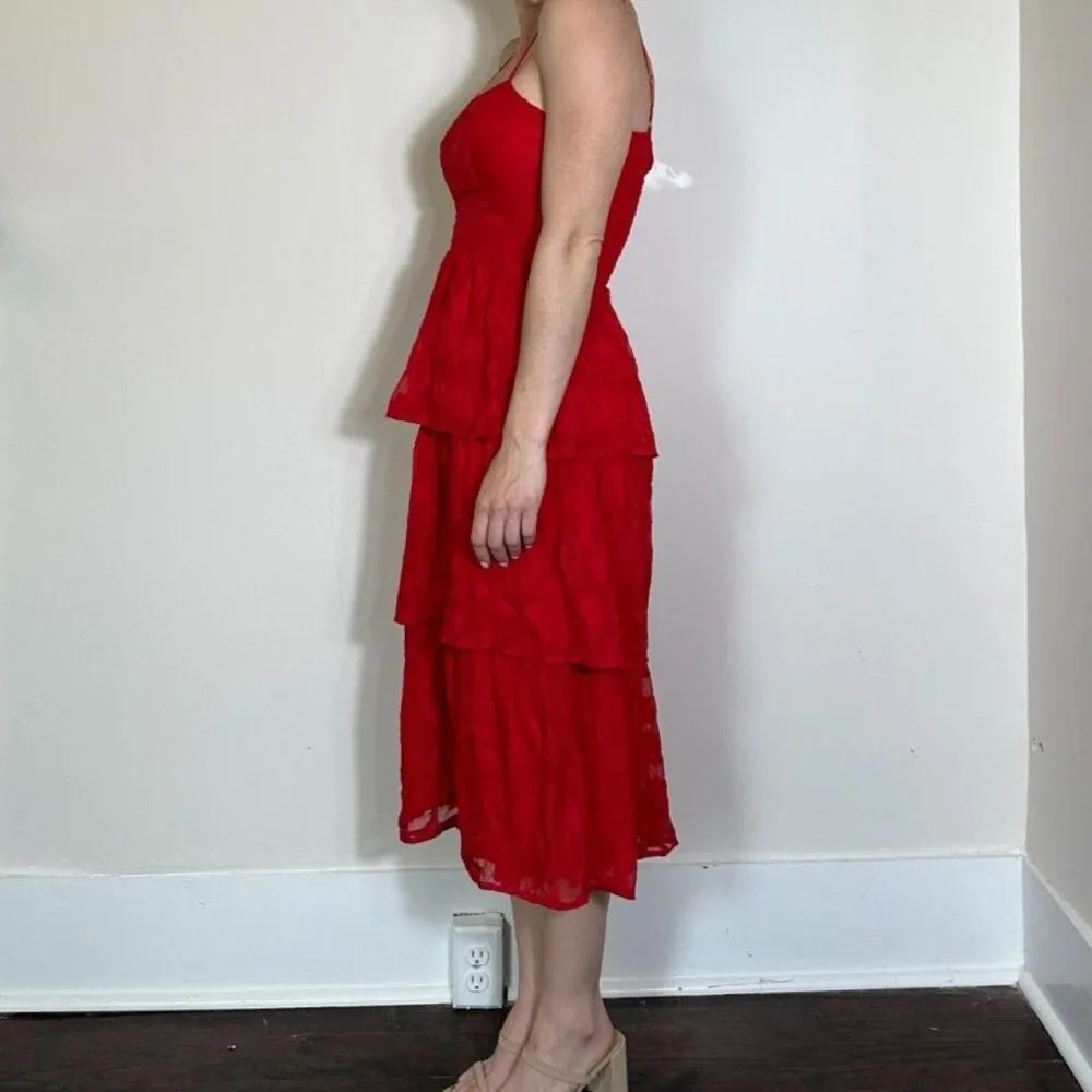 Lulus Grace and Beauty Red Burnout Floral Print Tiered Dress Size XS - Image 6