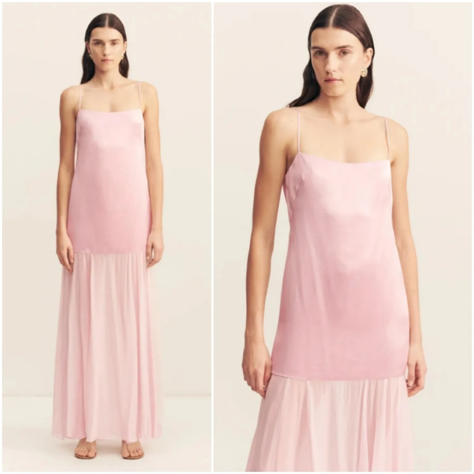 NEW SHONA JOY Pink Satin Slip Maxi Dress Square Neck Tiered Skirt Size 8 - Image 4