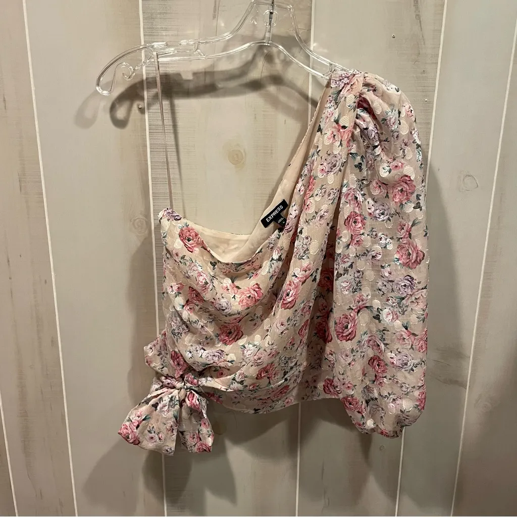 Cute creamy blush floral ruffle crop silky 1 shoulder crop top mermaid fairy - Image 2