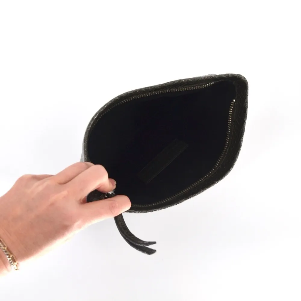 Club Monaco Snakeskin Leather Folded Envelope Clutch Zip Top Green - Image 5