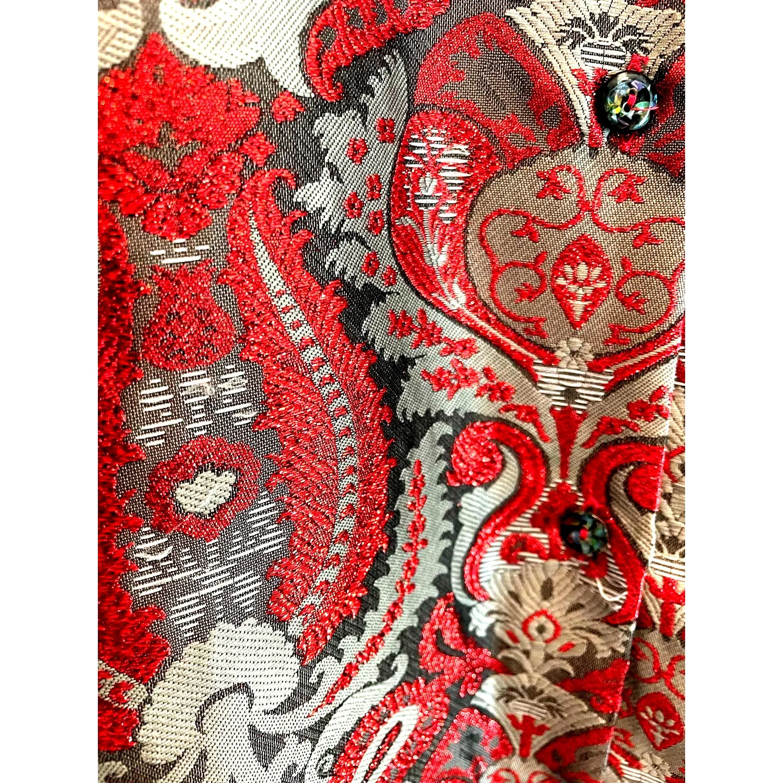 Benetton Vintage 80s Red Metallic on Grey Brocade Dress Shirt size 44 - Image 3