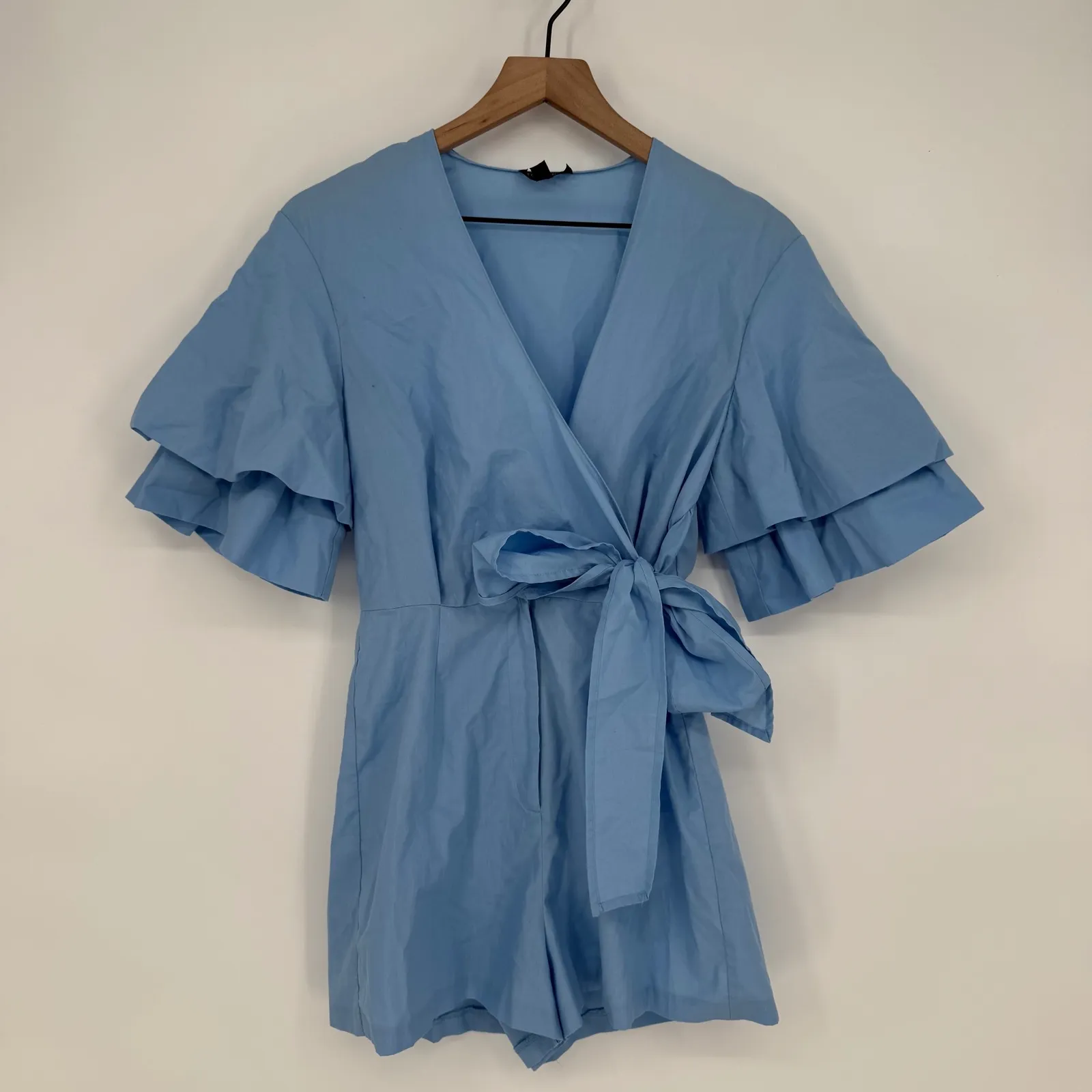 Blue Ruffle Sleeve Wrap Romper Jumpsuit Topshop Size 4 - Image 2