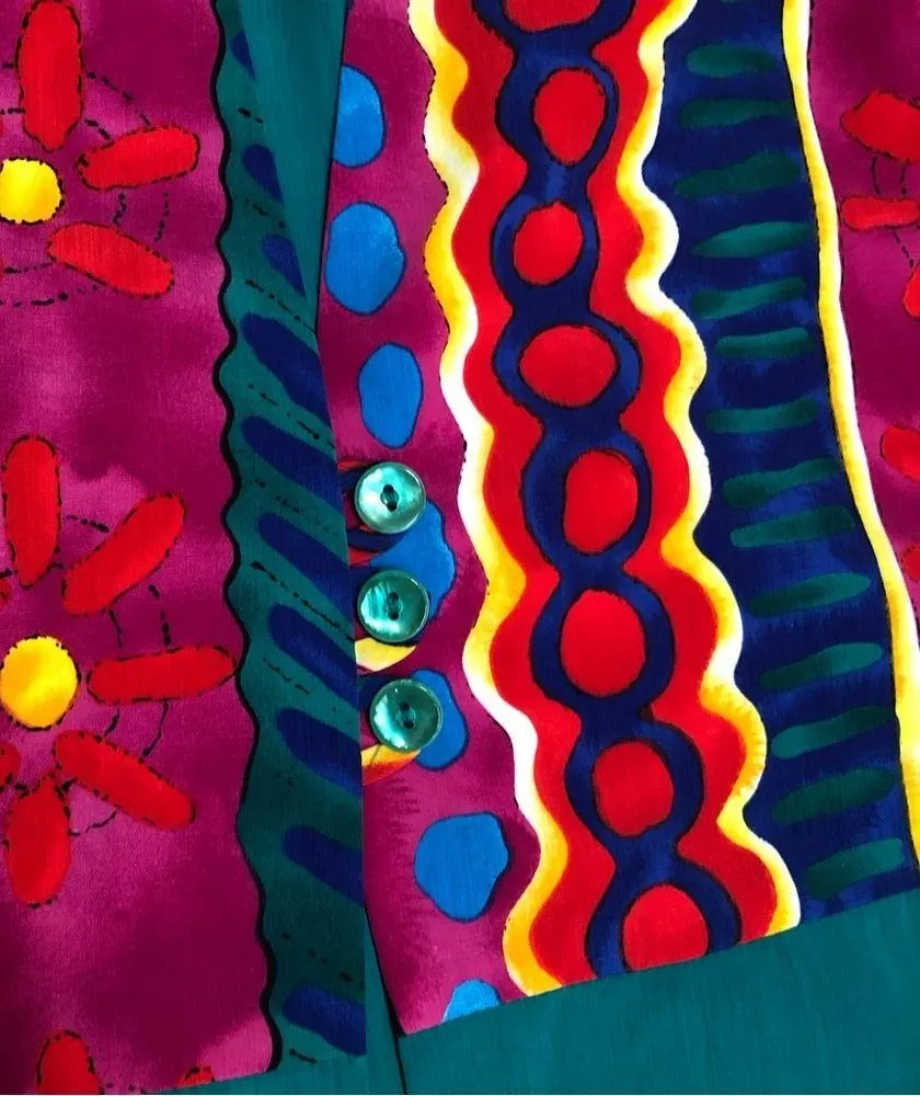 Vintage 80s 90s Enterprise Long Blazer Colorful Glam Party Jacket Teal Pink sz10 Multiple Size 10 - Image 4