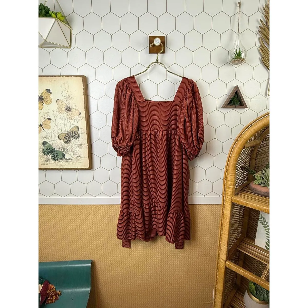 Moon River Rust Colored Velvet Square Neck Mini Dress - Size - Small - Image 2