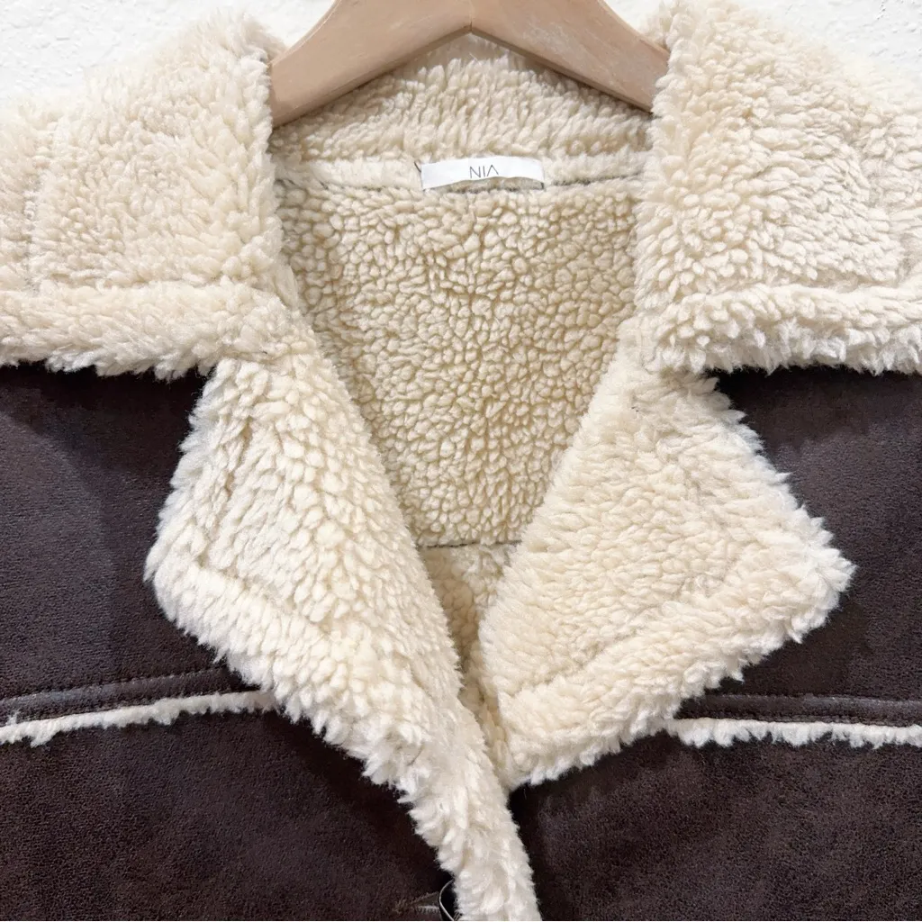 NIA Shoreditch Faux Leather Sherpa Coat Jacket	Brown One Size NWT Brown - Image 3