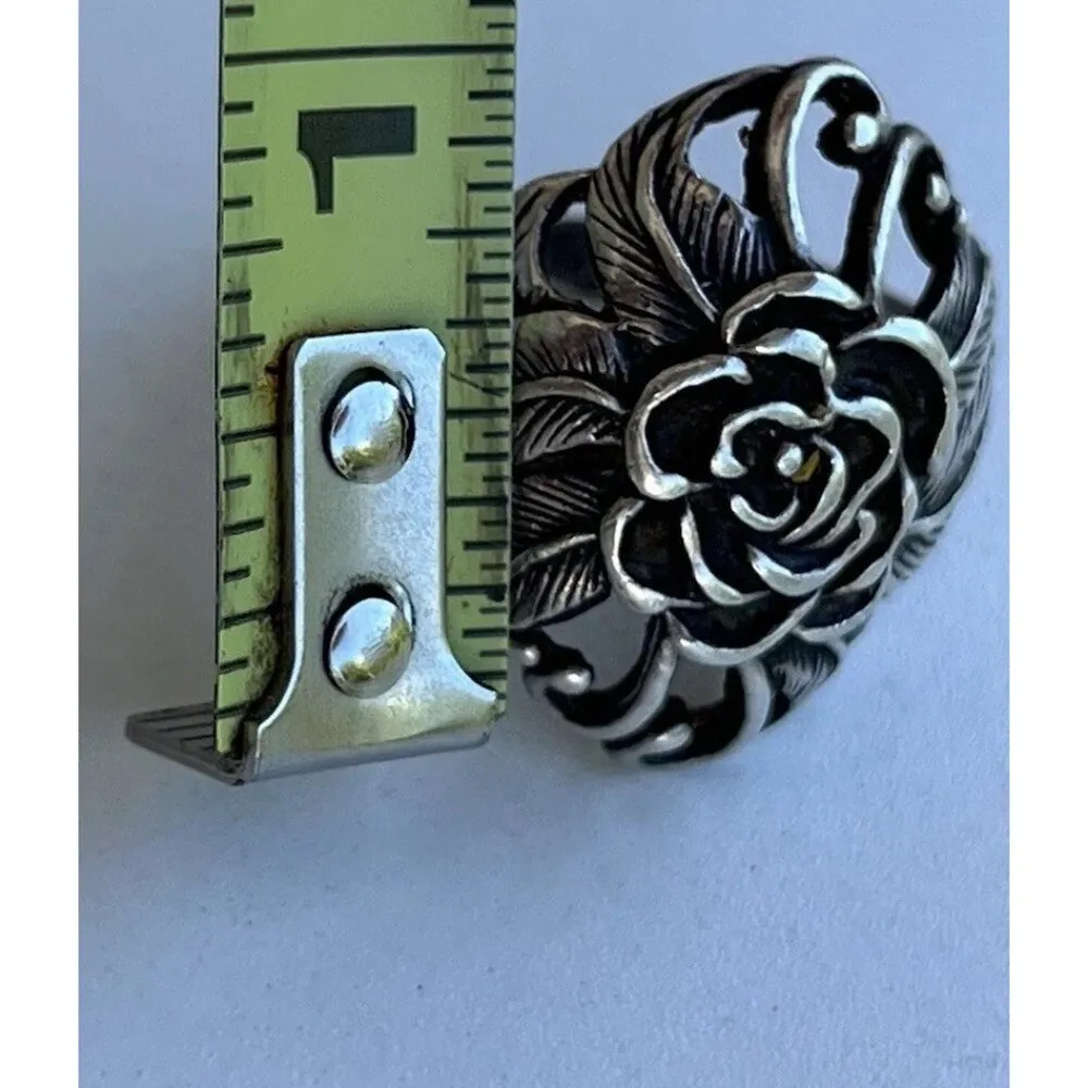 Vintaghe 925 Sterling Silver Carved Rose Flower Ring size 10 Signed Stamped - Image 14
