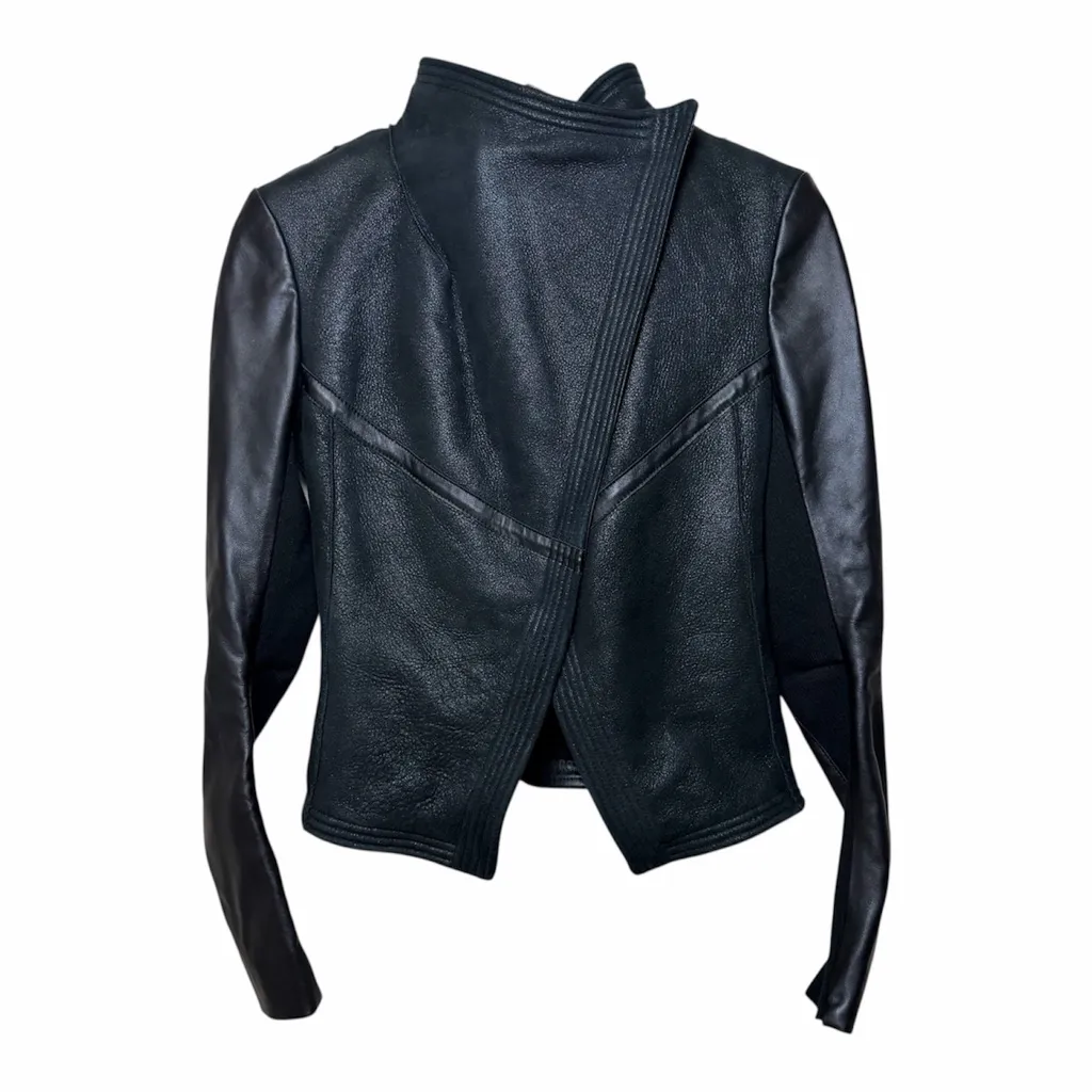 Black Leather Moto Jacket Shearling & Lamb NWT DEA THE LABEL Asymmetrical Size 2 - Image 2