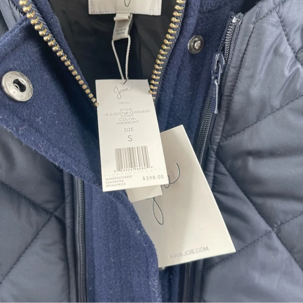 JOIE Coat Small Hetal Coat Winter Faux Fur Wool Blend Removable Vest Navy NWT - Image 7