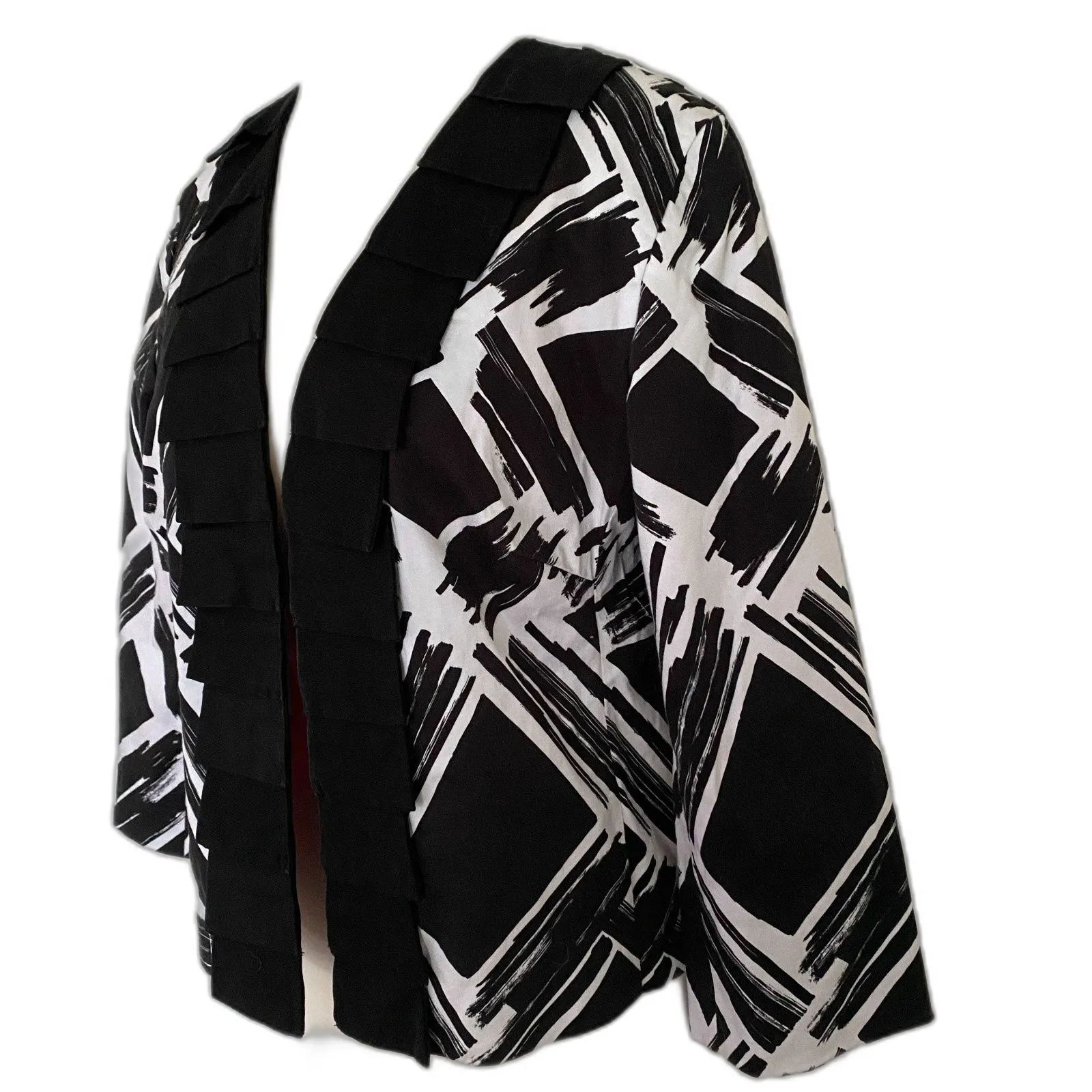 Ivy Chic Black White Cotton 3/4 Sleeve Lined Office Siren Blazer Jacket Sz L Size L - Image 3