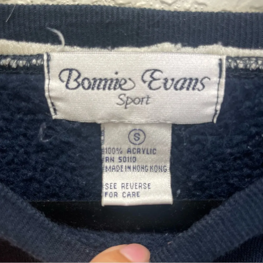 Bonnie Evans Fleece Sweatshirt Crew Neck Womens Size S Navy Blue Fall Leaves VTG - Image 3