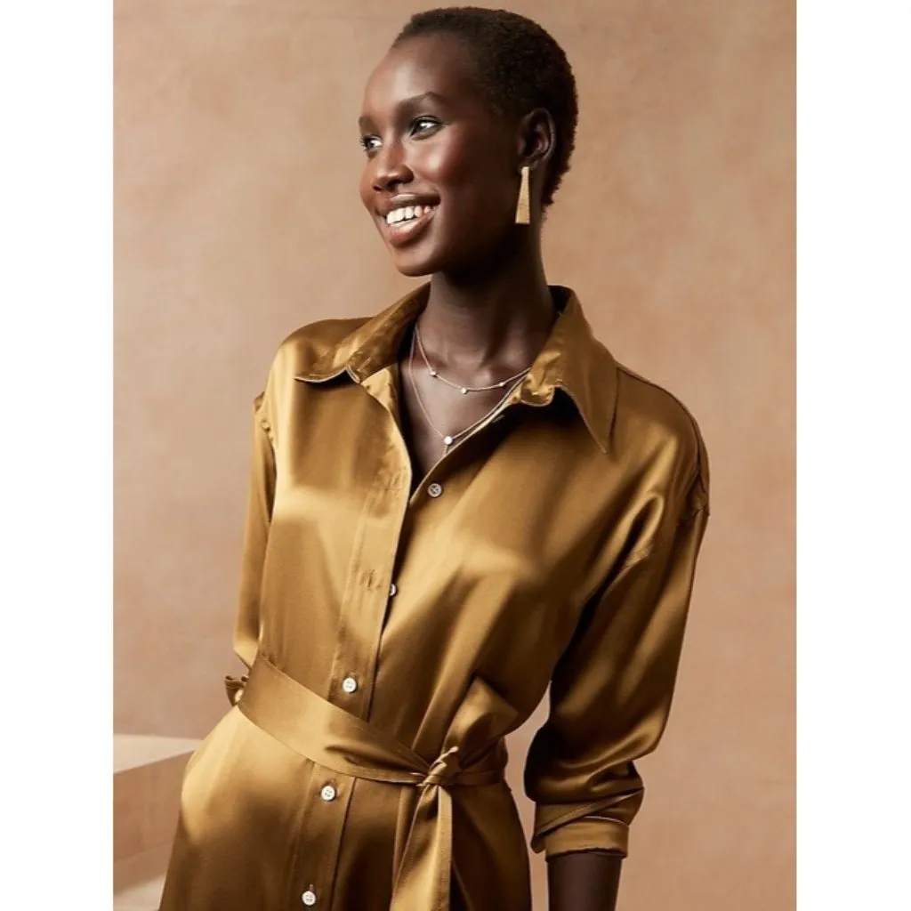 NWT Banana Republic Muse Silk Maxi in Cargo Green Belted Shirt Dress M $270 - Image 3