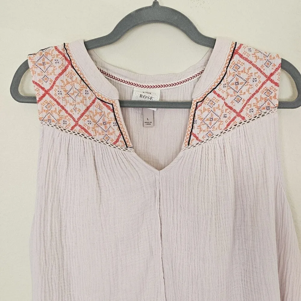 Knox Rose Embroidered Notched Top Size L Mixed Media Gauze Sleeveless‎ Boho Pink - Image 4