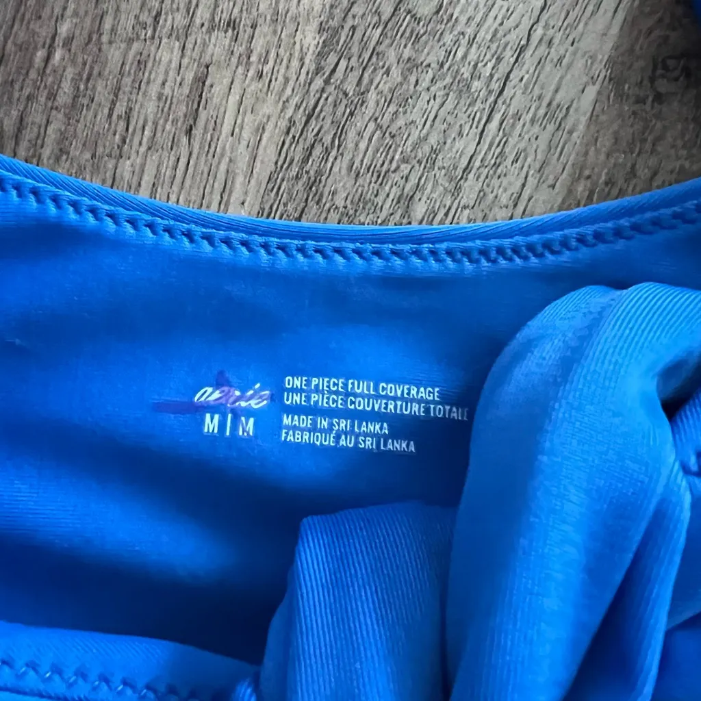 Aerie Blue Tie Front Cut Out One Piece Full Coverage Swimsuit Size Medium - Image 3