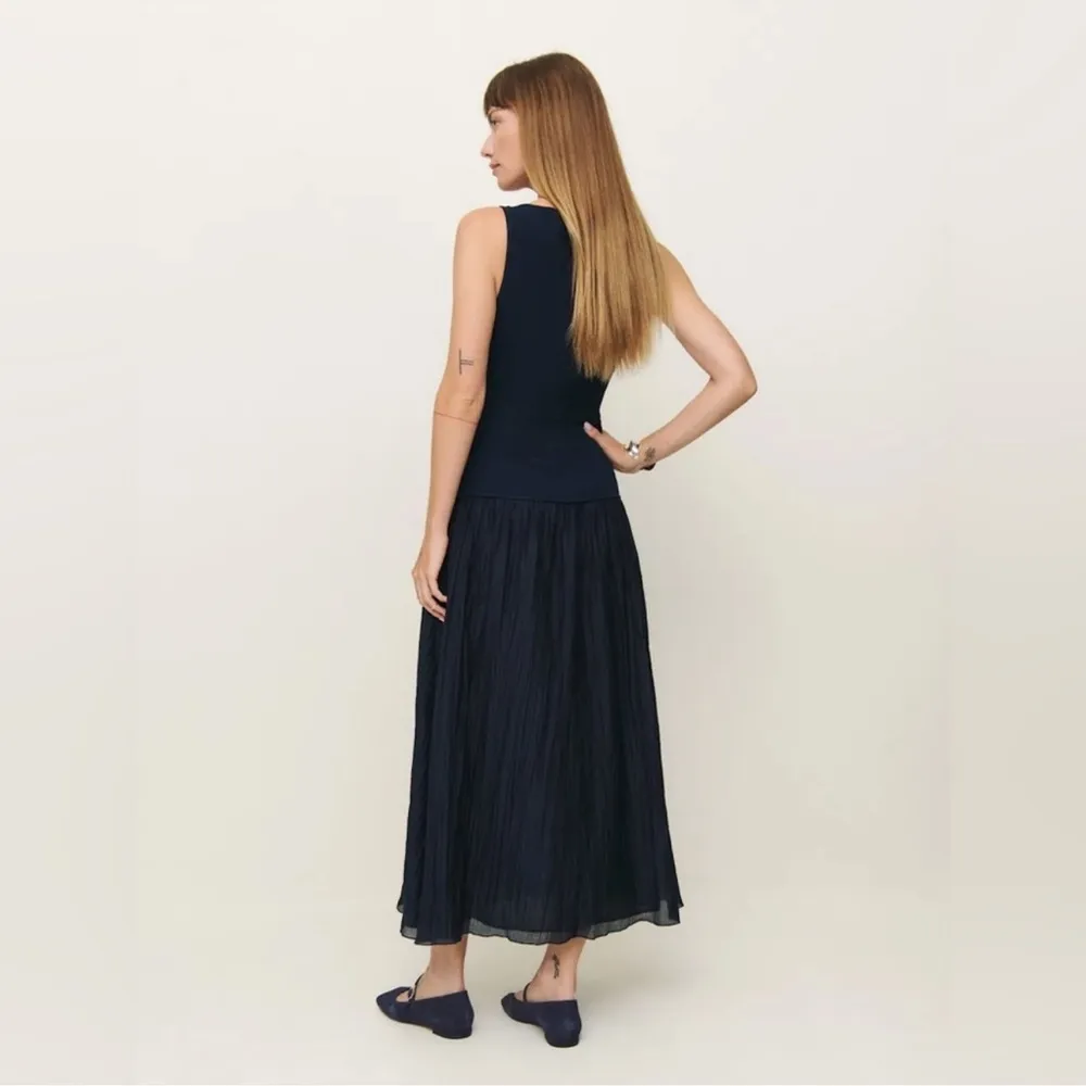 NWOT Reformation Cyra dropped waist pleated skirt dress midnight navy blue sz 0 - Image 4