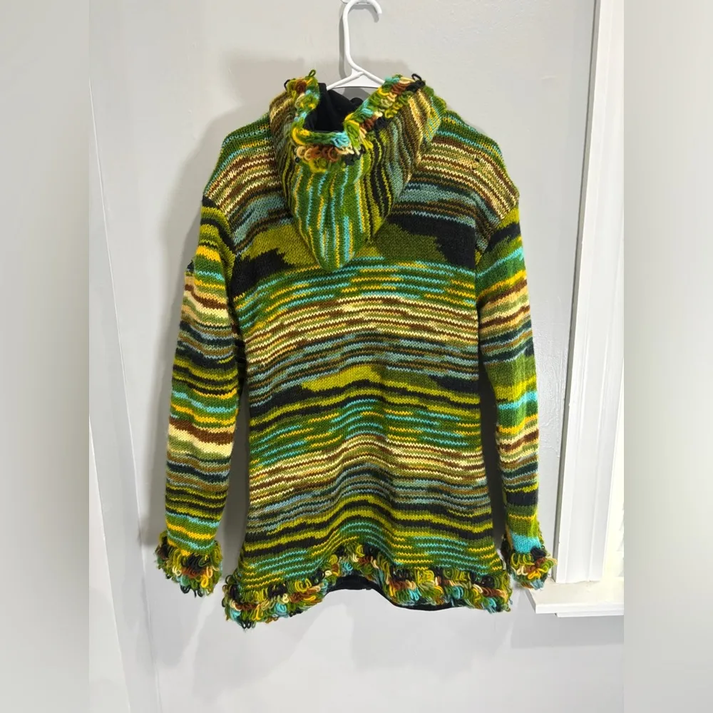 100% Wool Jacket Chunky Pixie Hood Knit Unisex Boho Fleece Lined Warm Cardigan Yellow Size L - Image 6