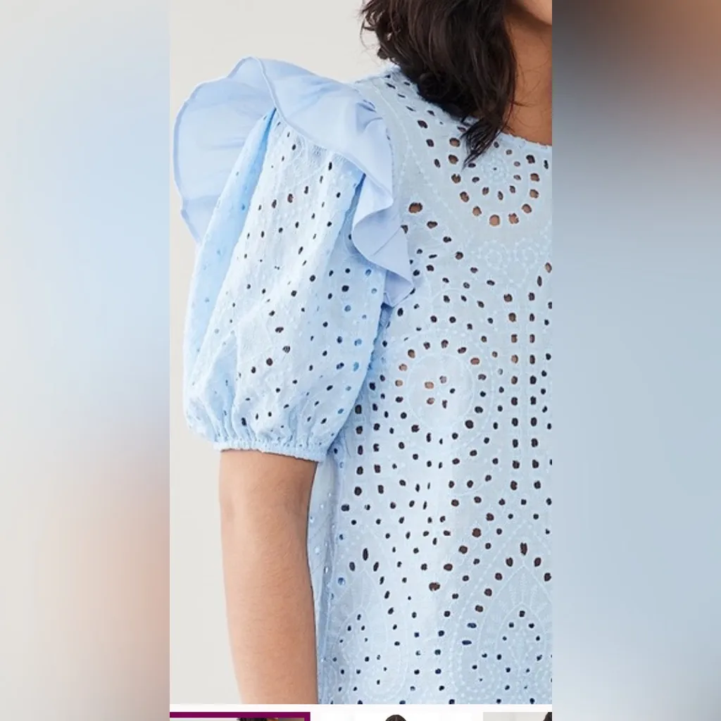 English Factory Baby Blue Ruffle Puff Sleeve Cotton Eyelet Top Size Large - Image 2