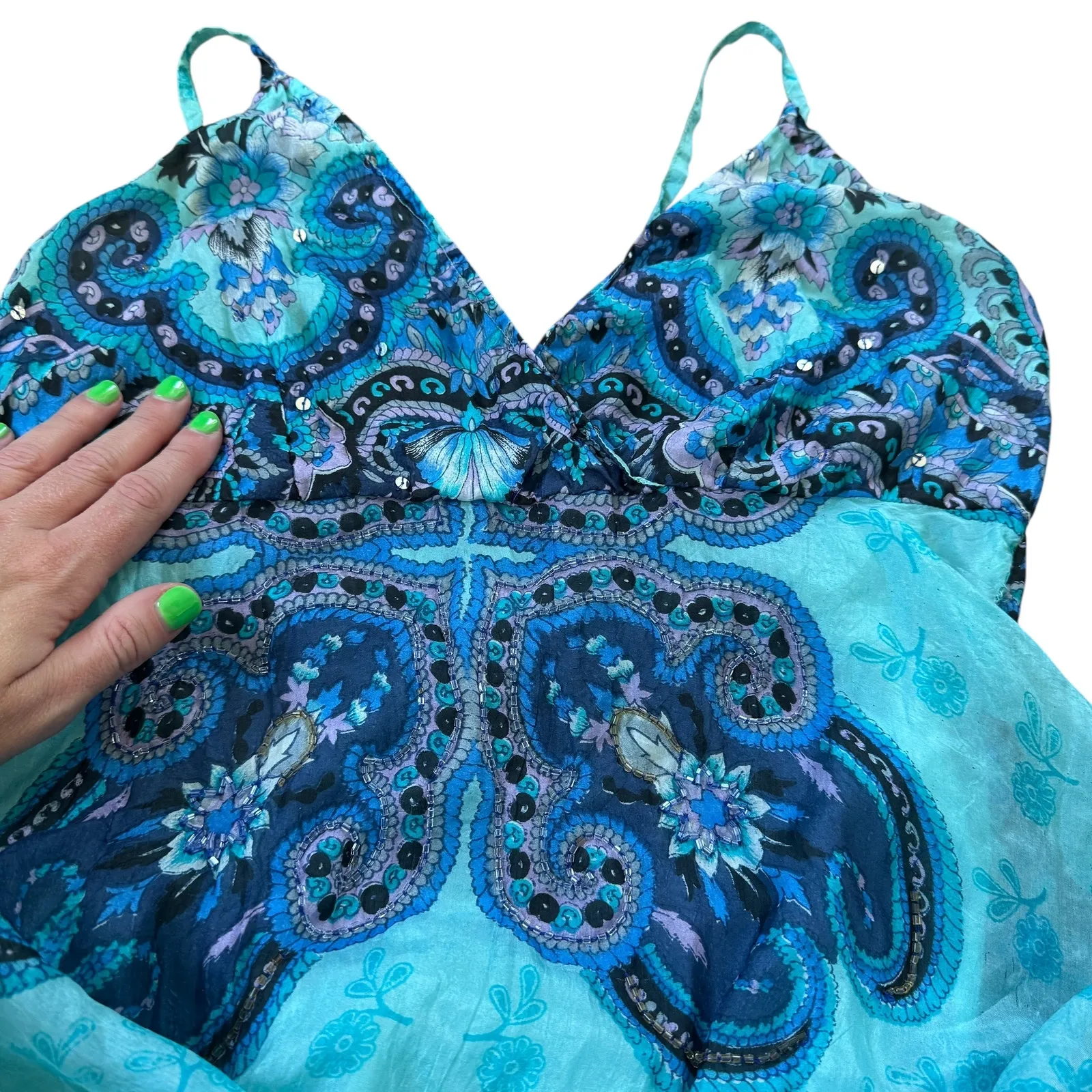 Le Chateau Vintage Silk Beaded Sequin Handkerchief Fairy Midi Dress Blue Size M - Image 12