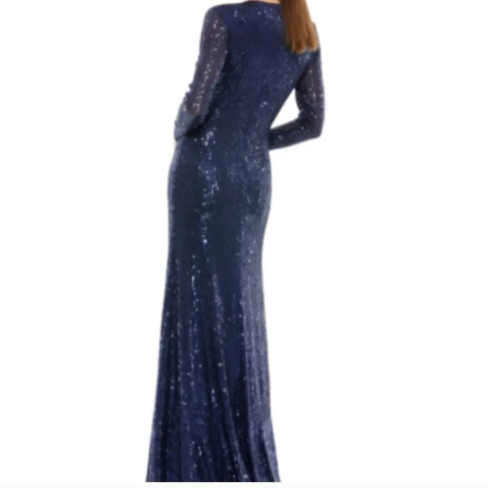 26552 v neck long sleeve SEQUINED KNOTTED WAIST MIDNIGHT NAVY GOWN 14 - Image 2
