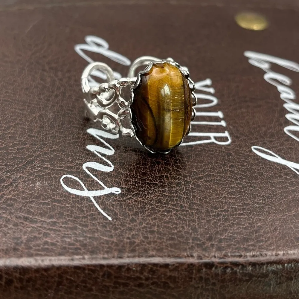 Vintage Brown Tiger Eye Gemstone Cabochon Ring Stainless Steel Adjustable - Image 6
