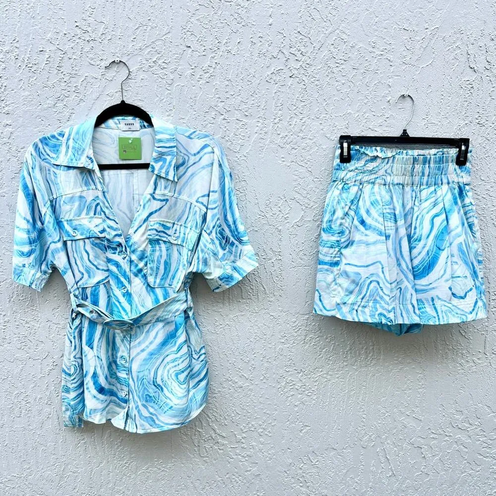 Suboo Psychedelic Agate Print Shirt & Elastic Waist Shorts Set Blue Womens Small - Image 3