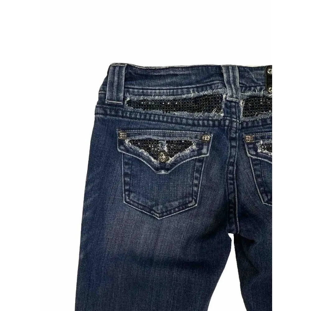*Miss Me Boot Cut Denim Jeans Women 29 Rhinestone Bling Flap Pocket Fleur de Lis - Image 4