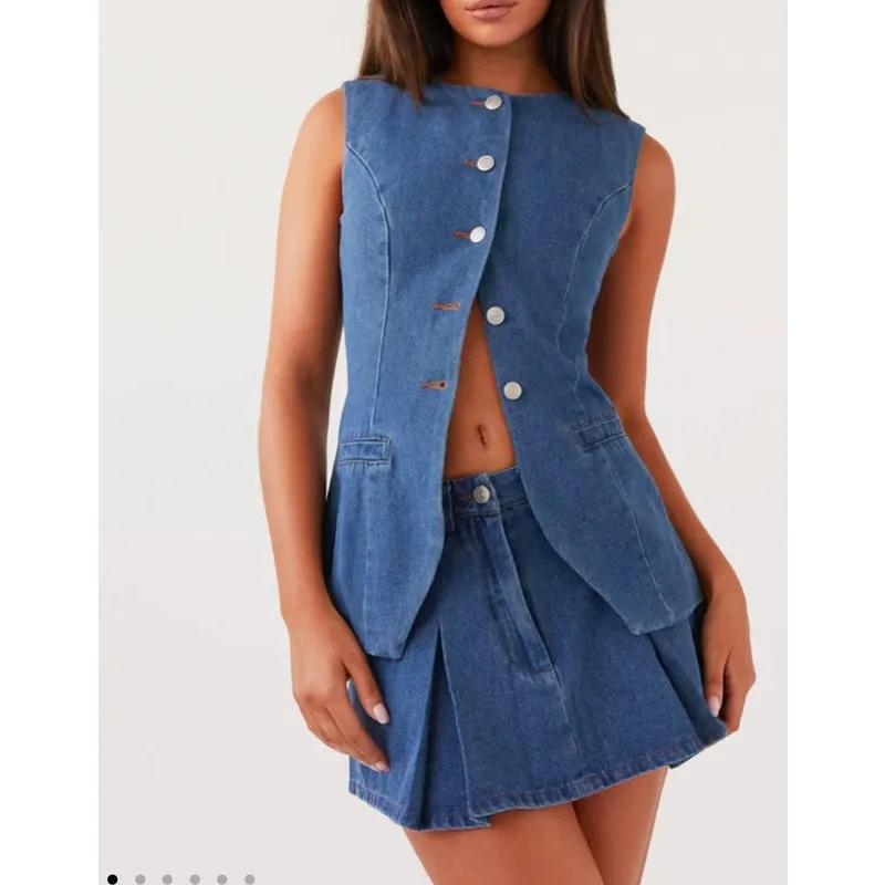 Peppermayo Vest Born for Bordeaux  & Mini Skirt Ashlyn Set Denim Size US0 Blue - Image 5