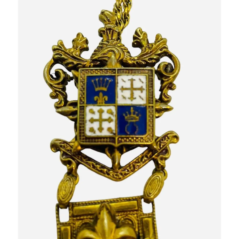 Vintage 1940s Gold Cross Enamel Fleur de Lis Enamel Crown Pendant Necklace - Image 7