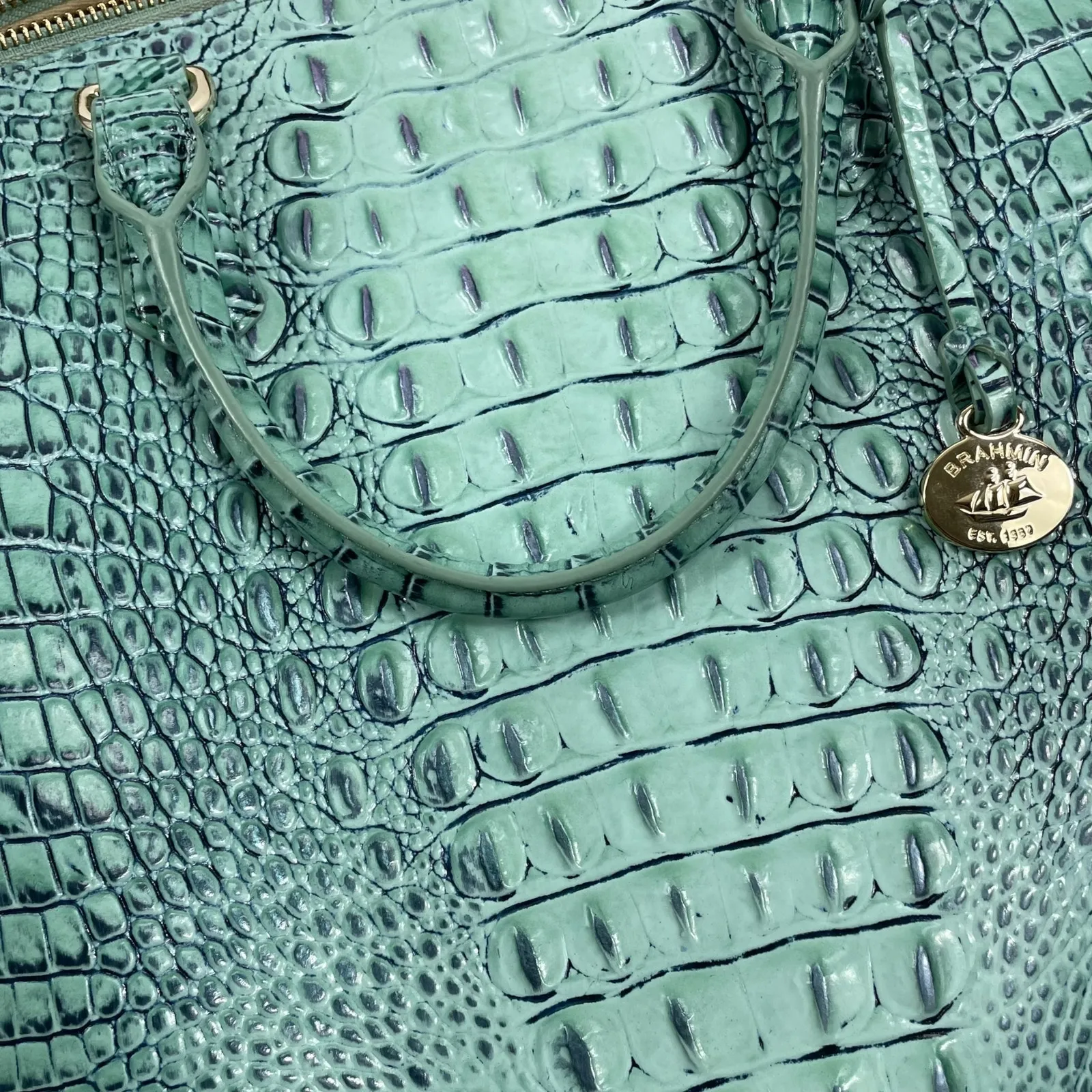Brahmin Large Duxbury Satchel Bag Biscay Melbourne Blue Green Leather Croc - Image 12