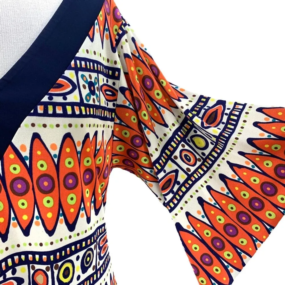 Trina Turk | Size 8 | Silk Multicolor Abstract Tribal Bell Sleeve V-Neck Dress - Image 6