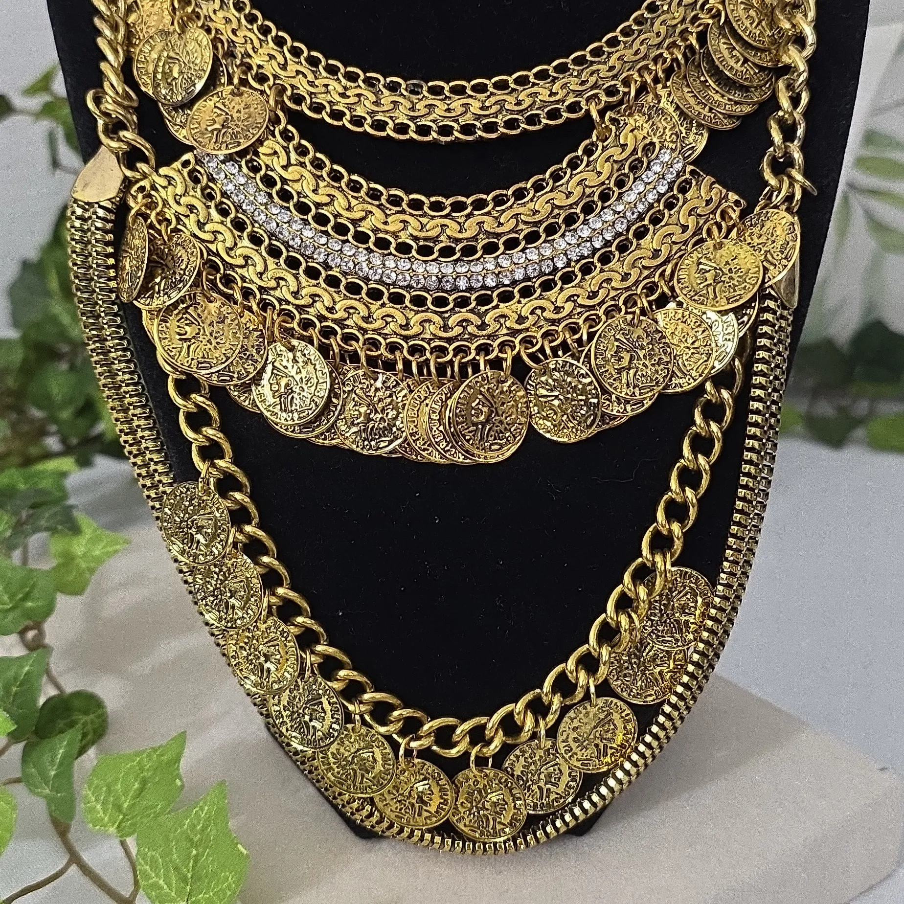 Vintage Bohemian Coins Ethnic Gypsy Bib Chunky Festival Statement Necklace Gold - Image 6