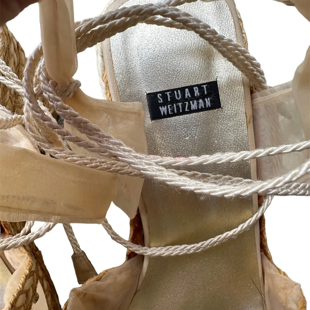 Y2K Stuart Weitzman sheer crystal embellished ankle tie espadrille wedges - Image 2