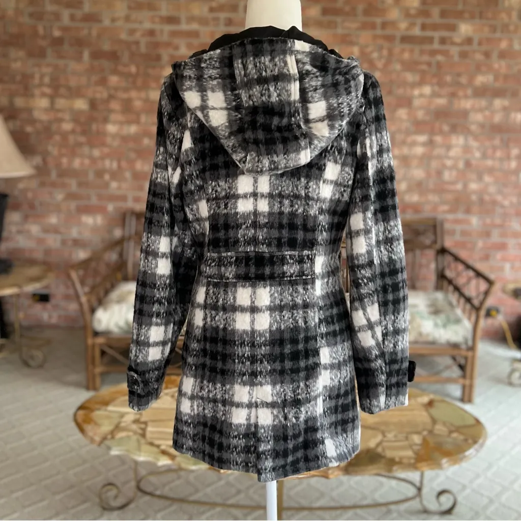 Madden Girl Moto Jacket Plaid Fleece Black Grey Hooded S - Image 10