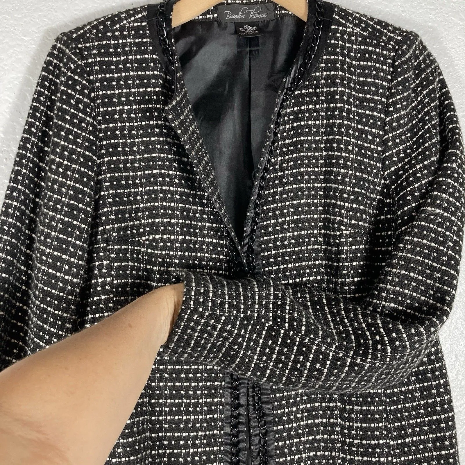 Tweed Blazer Jacket Size 10 Womens Black Chain Trim Career Office Boardroom Boss - Image 5