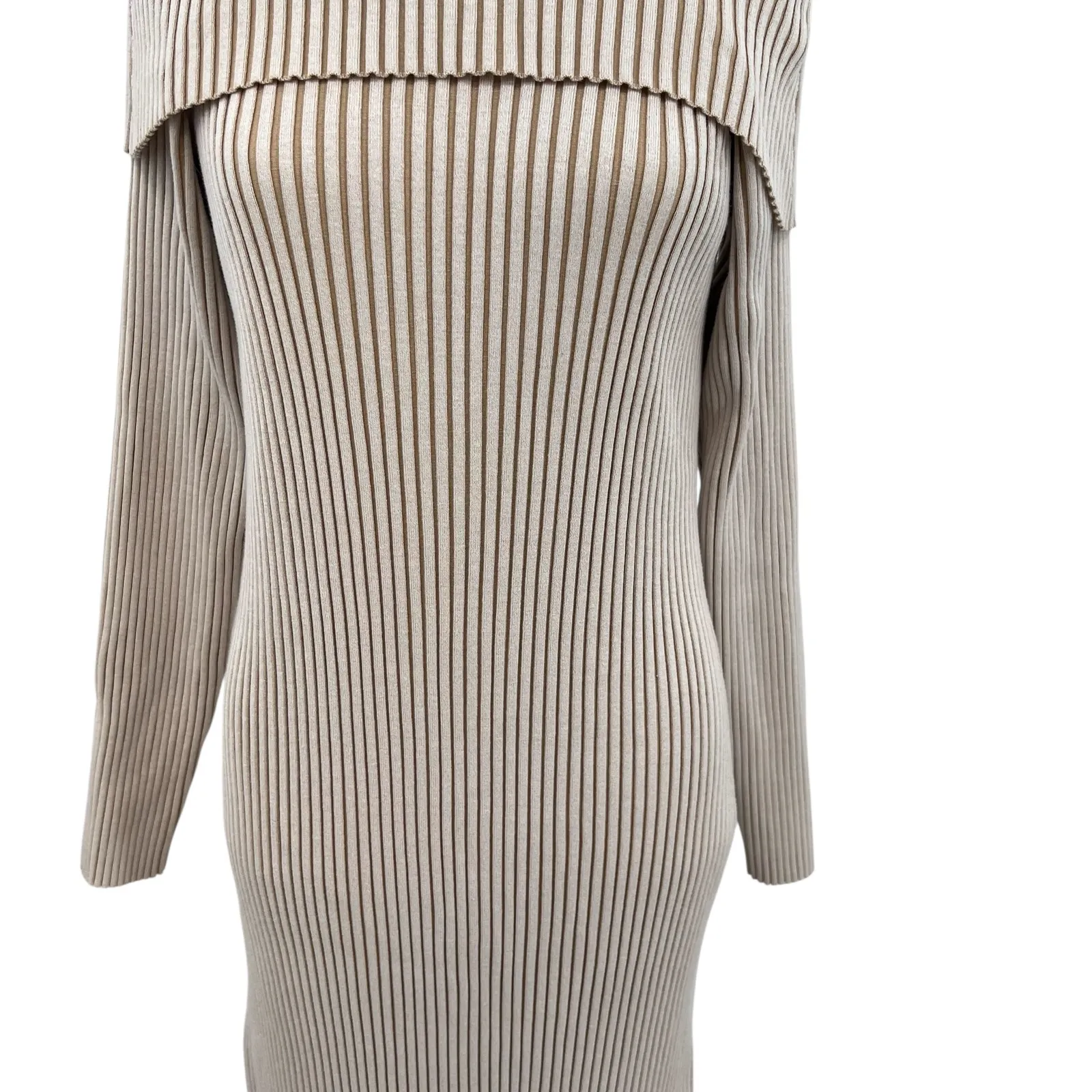 Anthropologie Off-The-Shoulder Sweater Midi‎ Dress Cream Beige Tan Size XL - Image 5