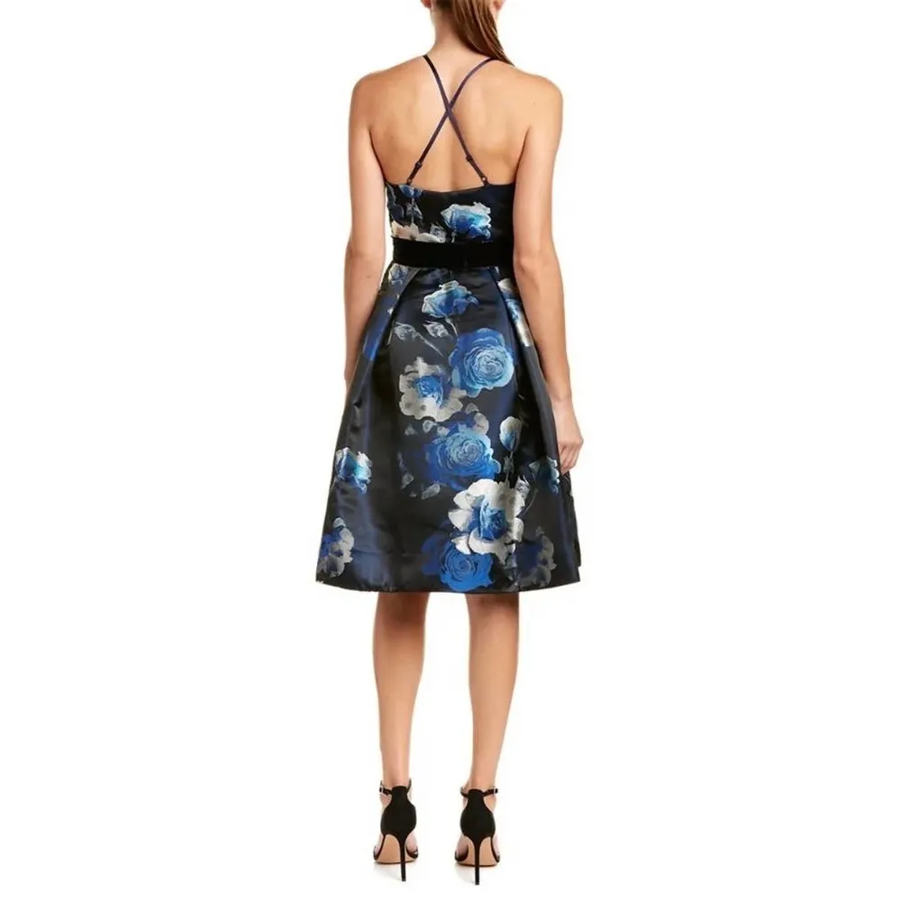 ELIZA J Black Blue Floral Jacquard Crisscross Halter Fit Flare Belted Dress sz 6 - Image 3