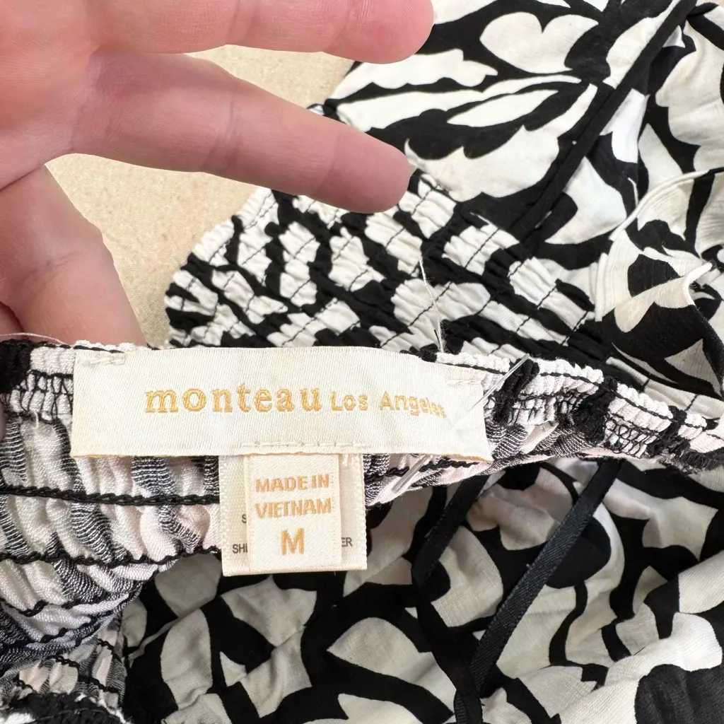 Monteau Los Angeles Crop Tank Top Womens M Black & White Geo Print Smocked - Image 7