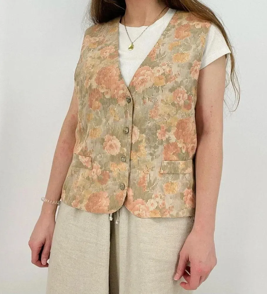 vintage dreamy cottagecore button down vest floral striped peach pink Orange Size M - Image 7