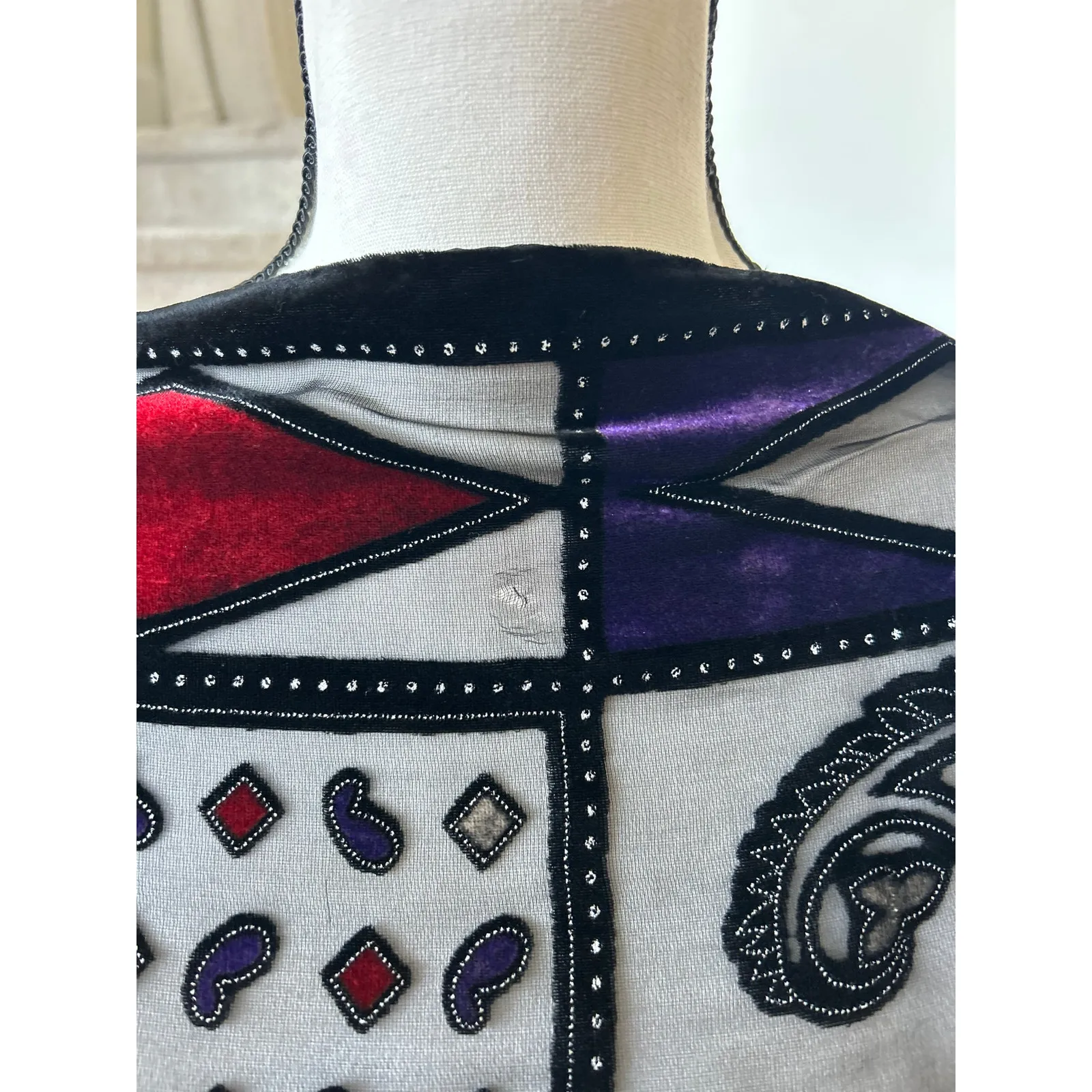 Black Purple Red Velvet Silk Harlequin Stain Glass Paisley Scarf - Image 4