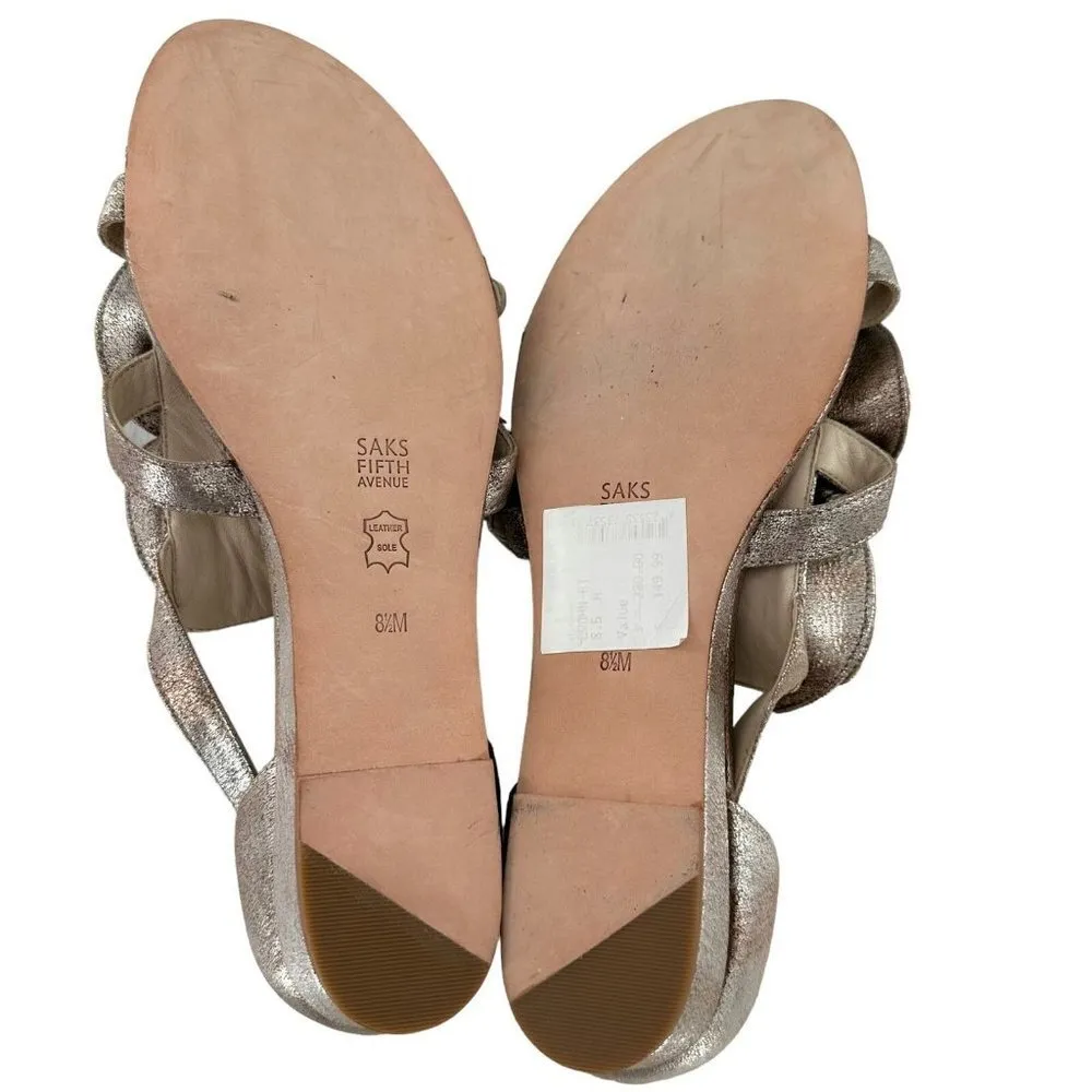 NEW Saks Fifth Avenue Metallic Silver Leather Rosette Flat Sandal Size 8.5 M - Image 6