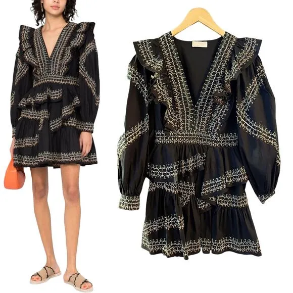 ULLA JOHNSON Anais Mini Dress Ruffle Embroidered V-Neck Black Noir Cotton 2 NWT - Image 2