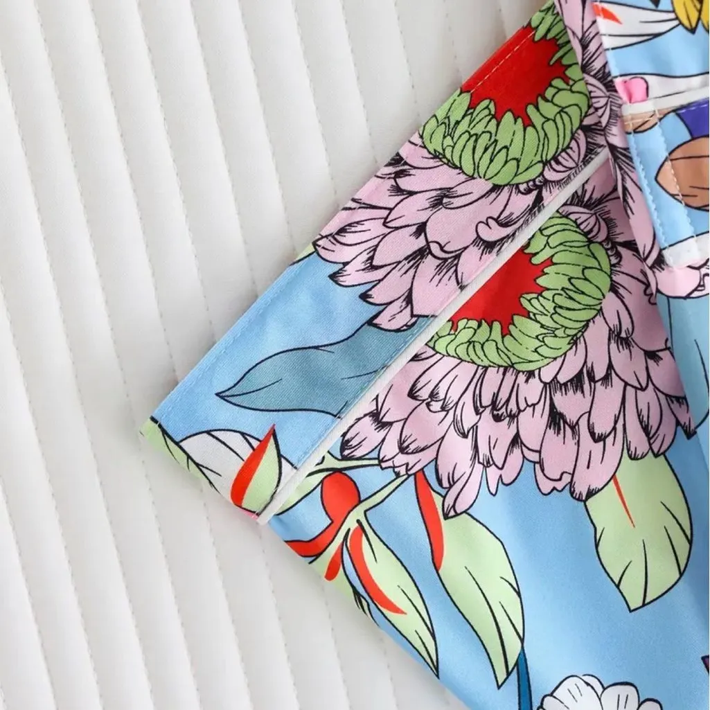 Bright Floral Pajama Set – Short Sleeve Button Top + Shorts – Size XL Blue - Image 7