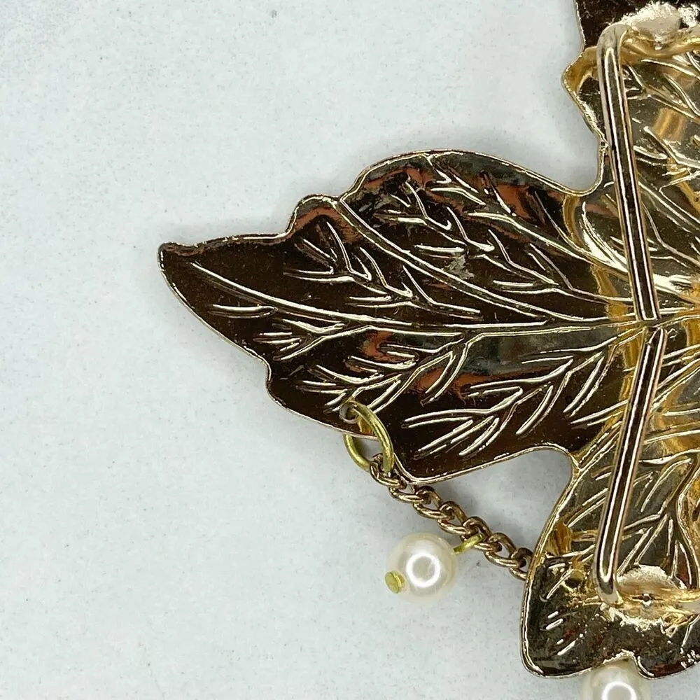 Vintage Gold Tone Faux Pearl Beaded Leaf Belt Buckle Piece - Image 10