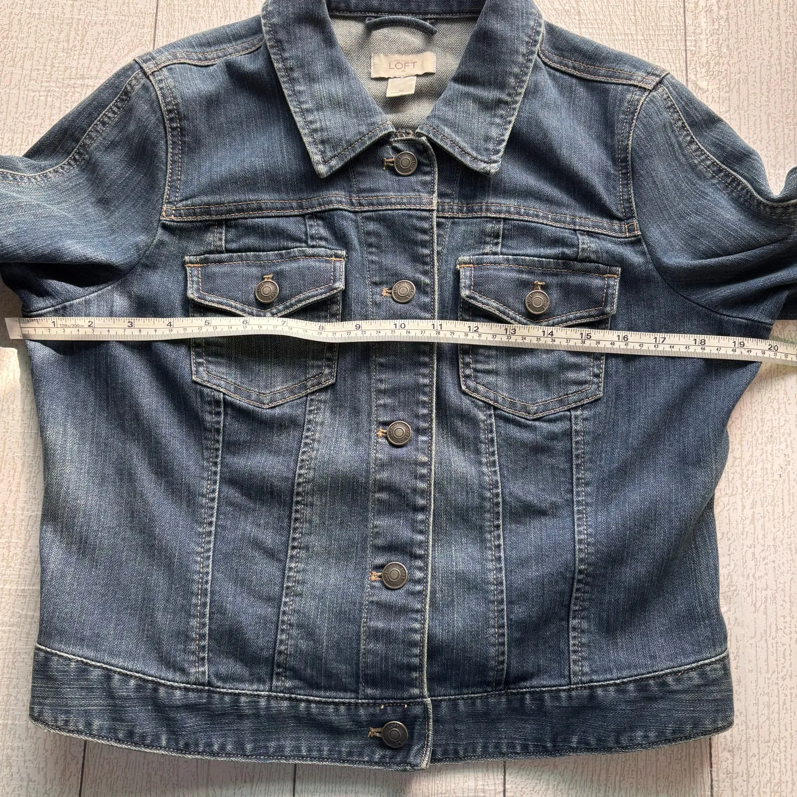 LOFT Blue Denim Cropped Jacket 3/4 Sleeve Button Front Size Medium - Image 7