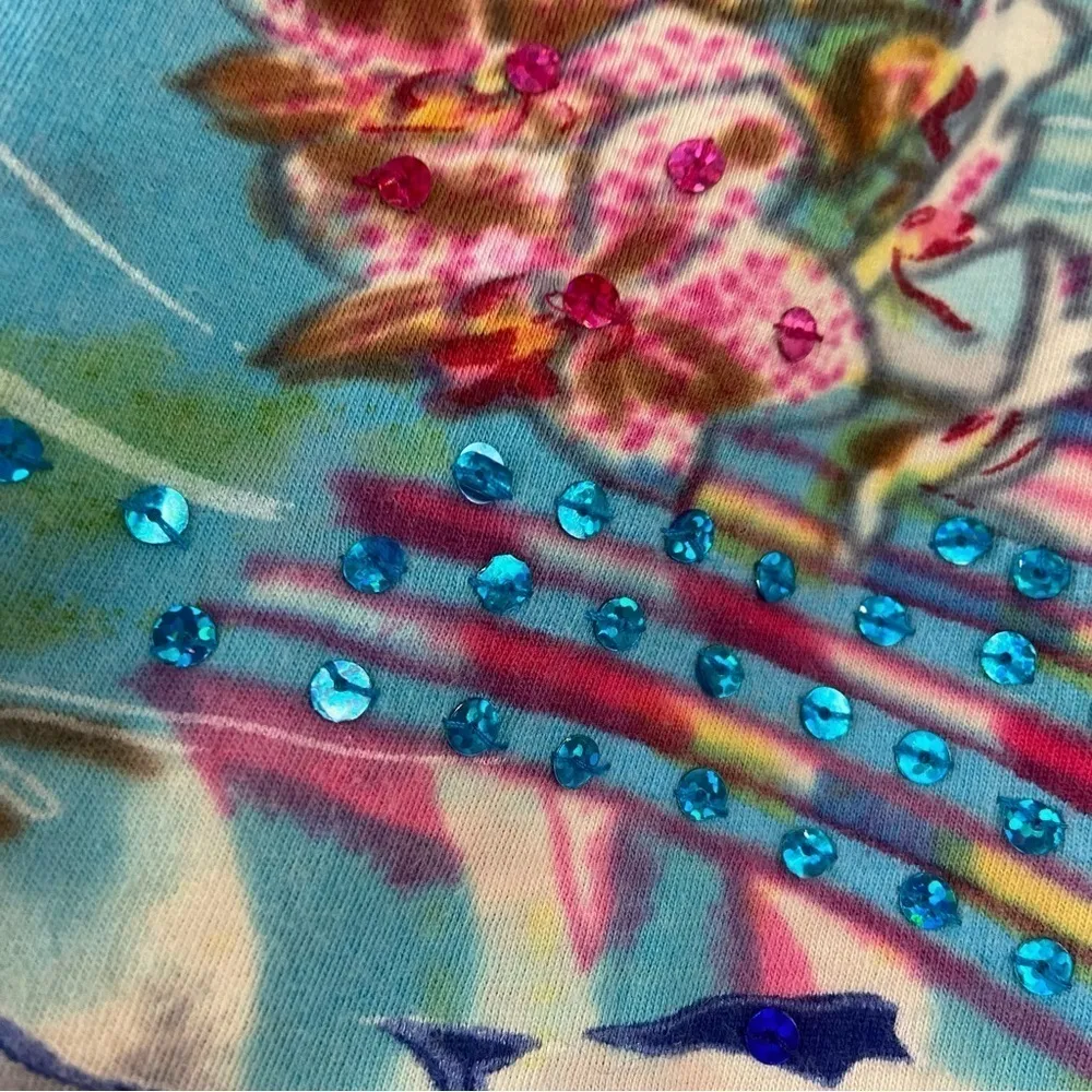 Christopher & Banks Bold Colorful Floral Sequins Tie Neck Flowy Cotton Top - Image 4