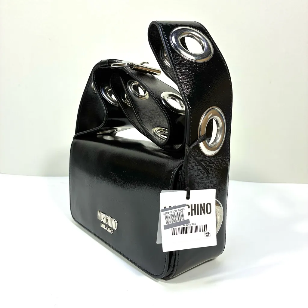 Moschino Couture Metal Logo Crossbody Shoulder Bag Black NWT Eyelets - Image 4