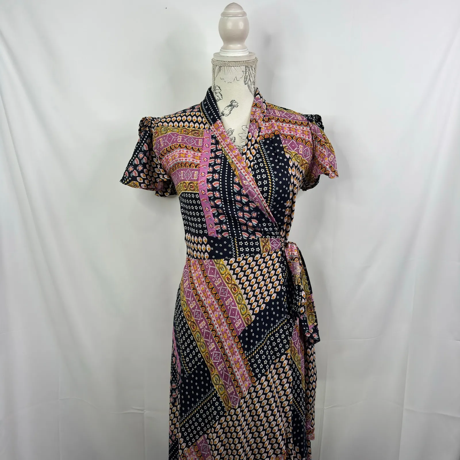 RAGA Patchwork Print Wrap Midi Dress Short Flutter Sleeve Boho Festival Size S - Image 5