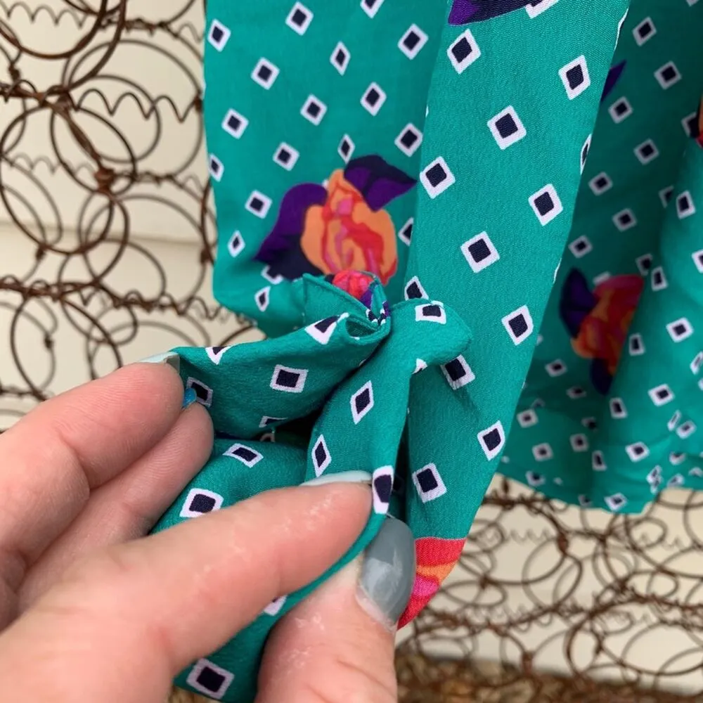 Vintage teal diamond dot rose button down long sleeve secretary blouse Size L - Image 2