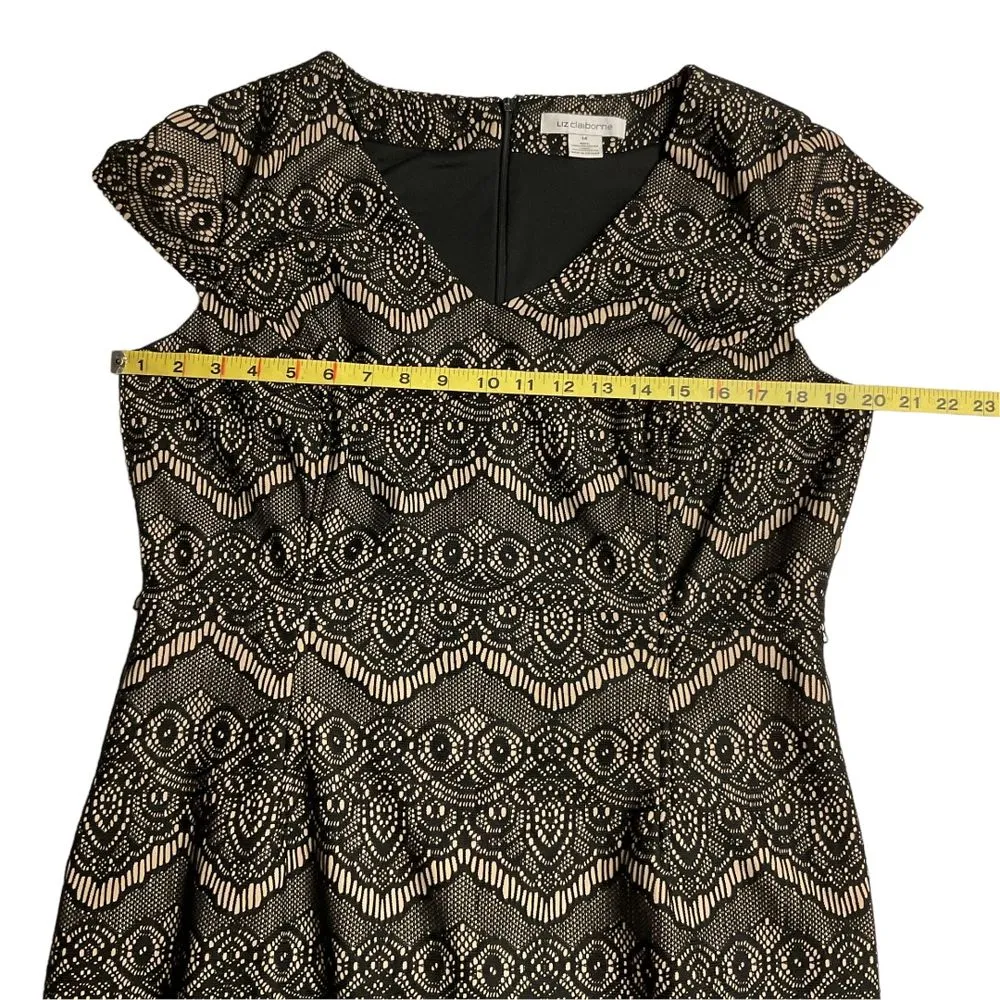 Liz Claiborne Formal Dress Sz 14‎ Black Lace W/ Nude Short Sleeve Knee Length - Image 7